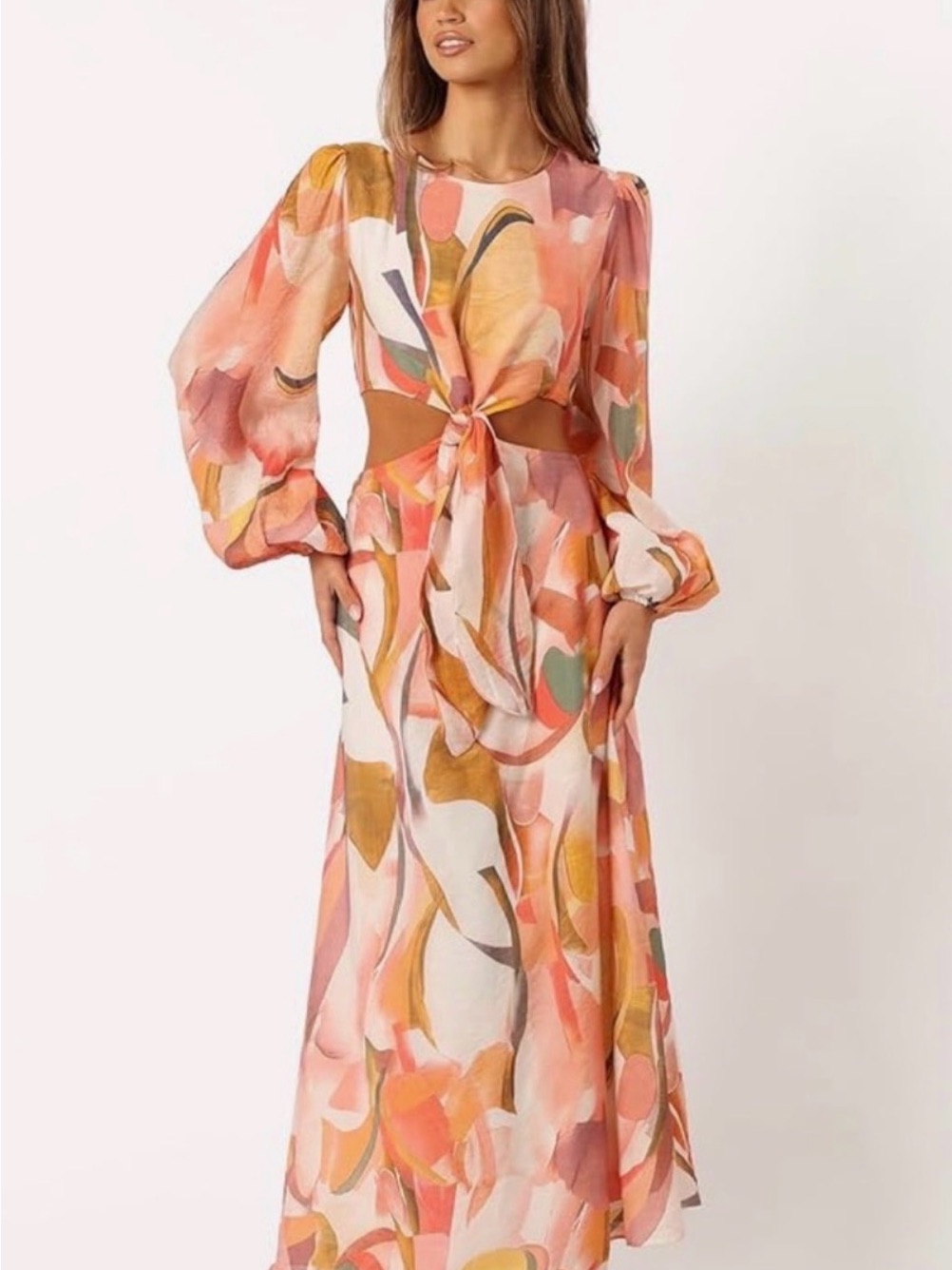 Petal & Pup Long Sleeve Cut-Out Abstract Maxi Dress In Pink, Cream & Gold Tones